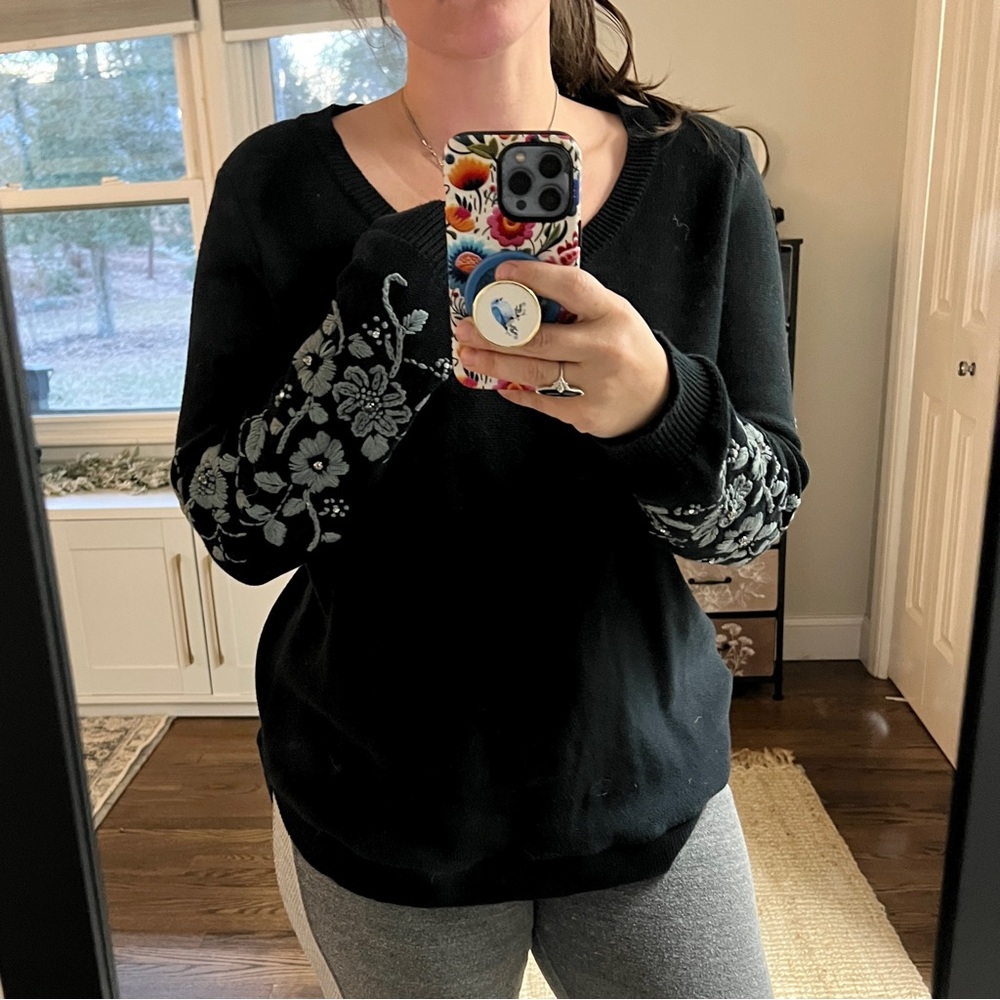 Soft Surroundings Black Sweater with Gray Floral Embroidery